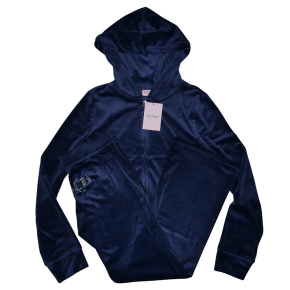 JUICY COUTURE 2 PC Velour Tracksuit Size L Rhinestone Bling Black Sweatsuit NWT - Picture 2 of 13